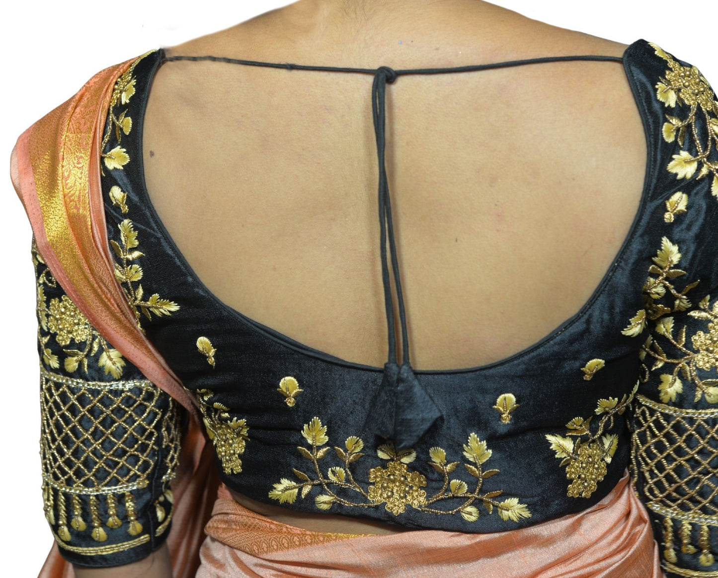 Unique Black Blouse with Floral Motifs and Criss-Cross Sleeve Embroidery in Aari Fusion Work