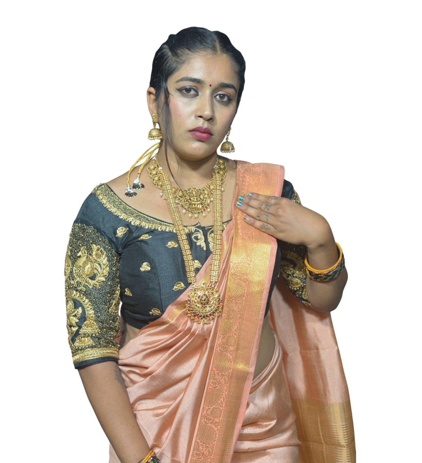 Designer Black Blouse with Peacock Sleeve Motifs and Jumka Aari Fusion Back