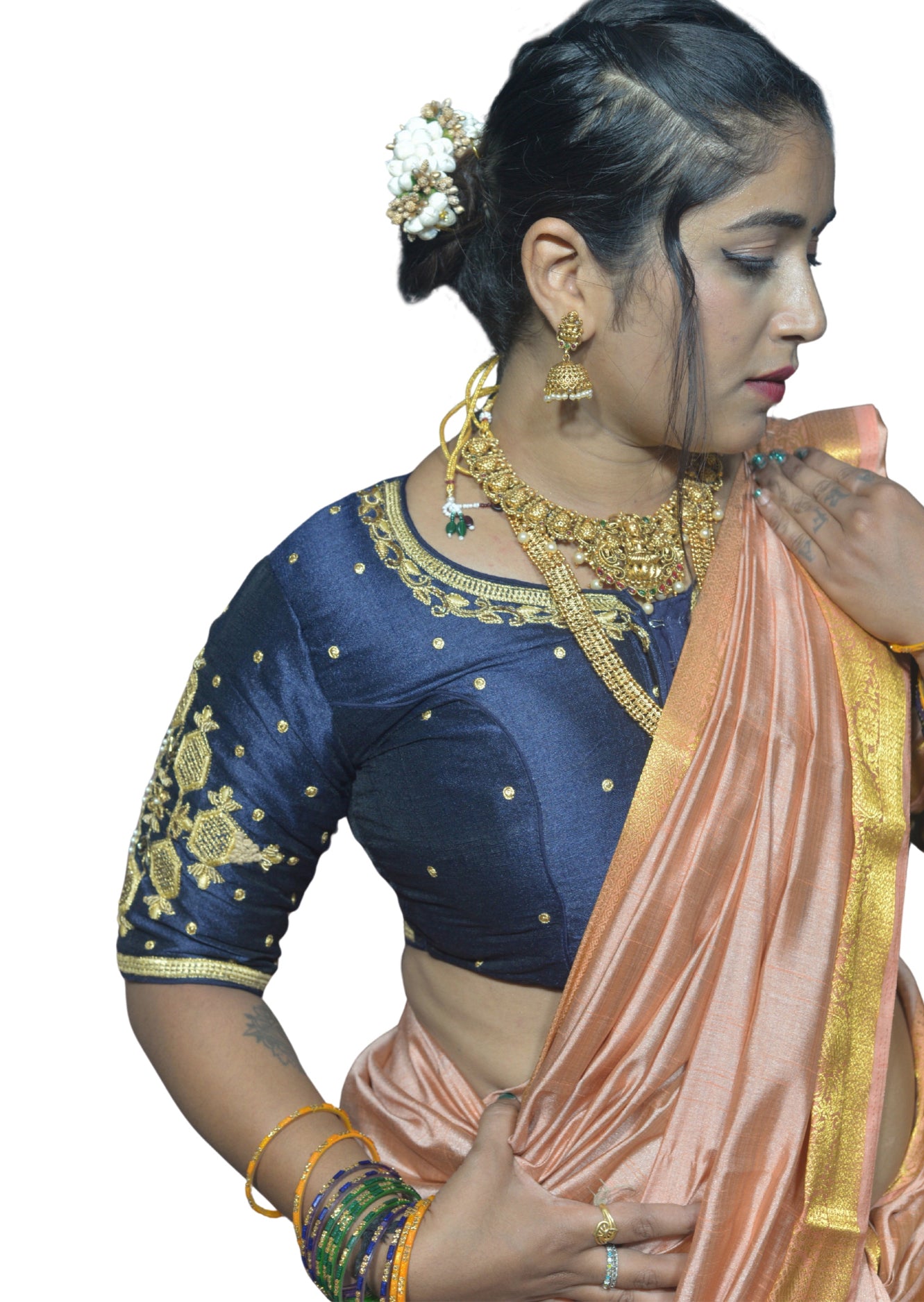 Navy Blue Blouse with Floral & Geometric Embroidery