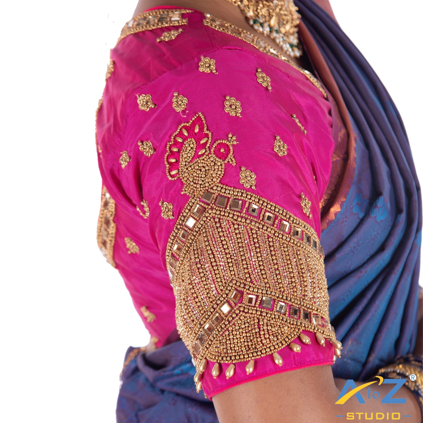 Fuchsia Silk Cloth Blouse with Small peacock ,chain and mirror Design