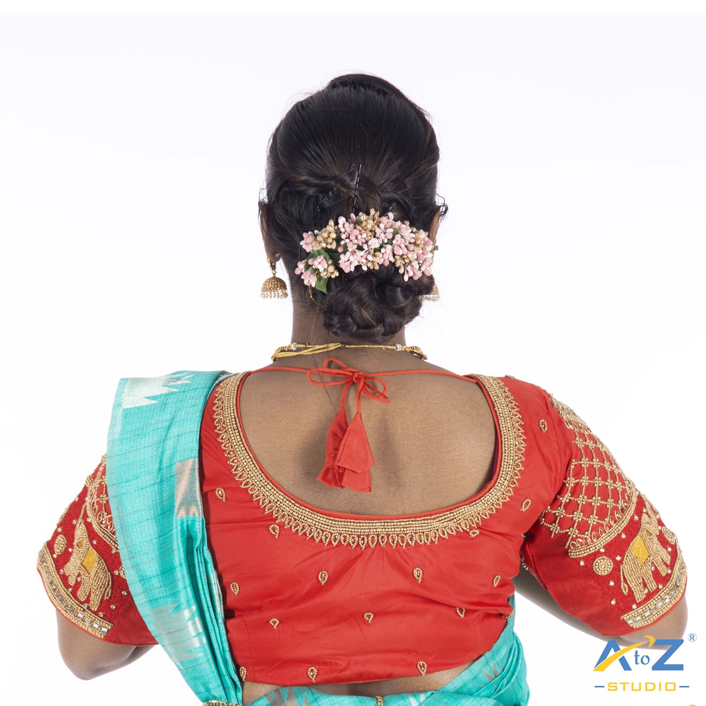Red Silk Cloth Blouse with Elephant and chain design Design