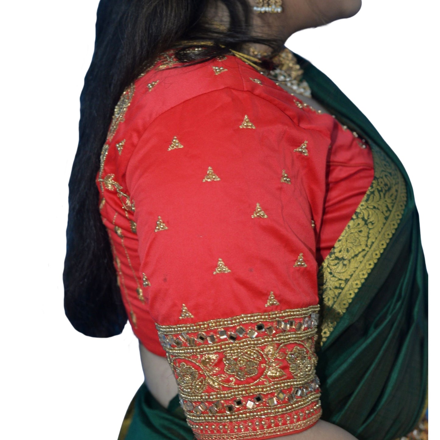 Designer Tomato Blouse with Floral and Moti Sleeves and Aari Embroidered Back