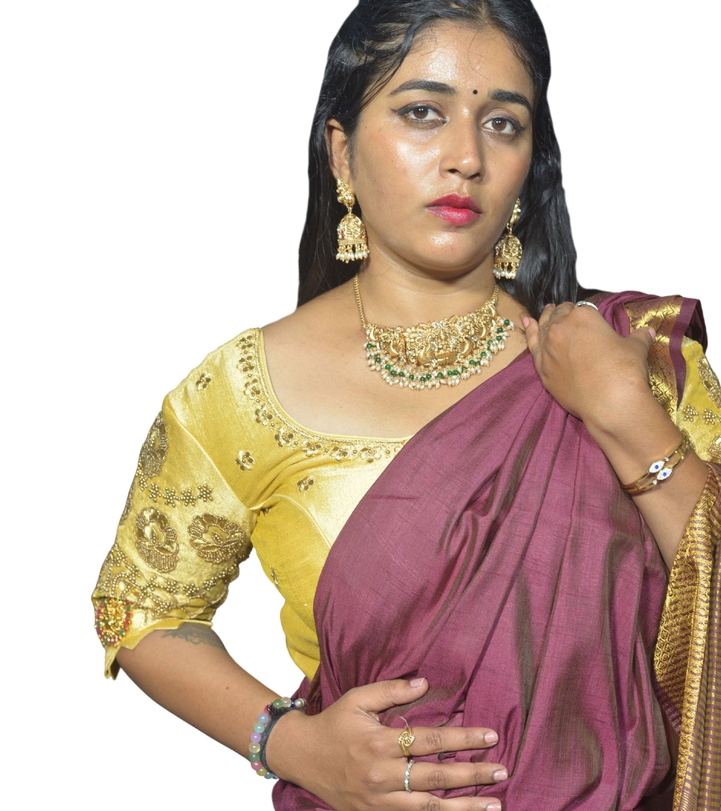 Traditional Gold Blouse with Criss-Cross Sleeves and Lakshmi Aari Work