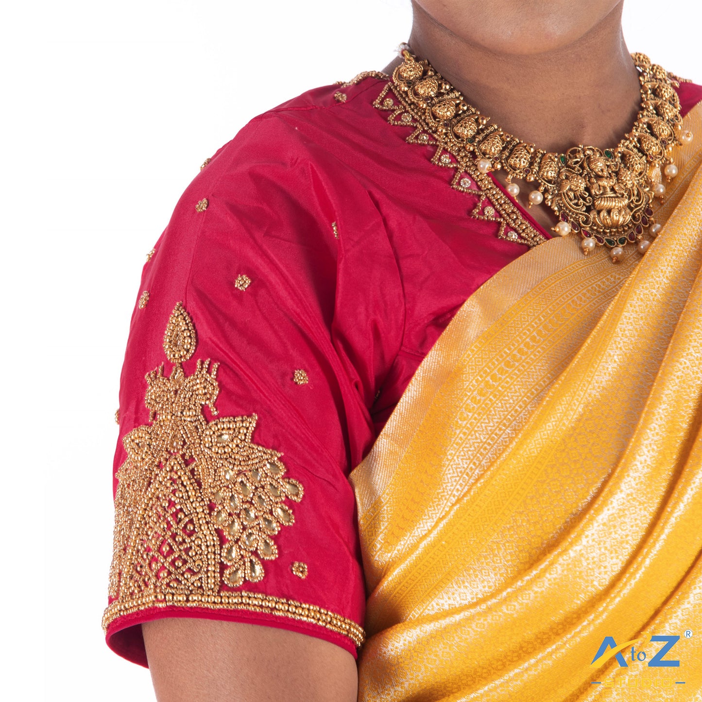 Punch Pink' Silk Cloth Blouse with chain 2 peacock Design