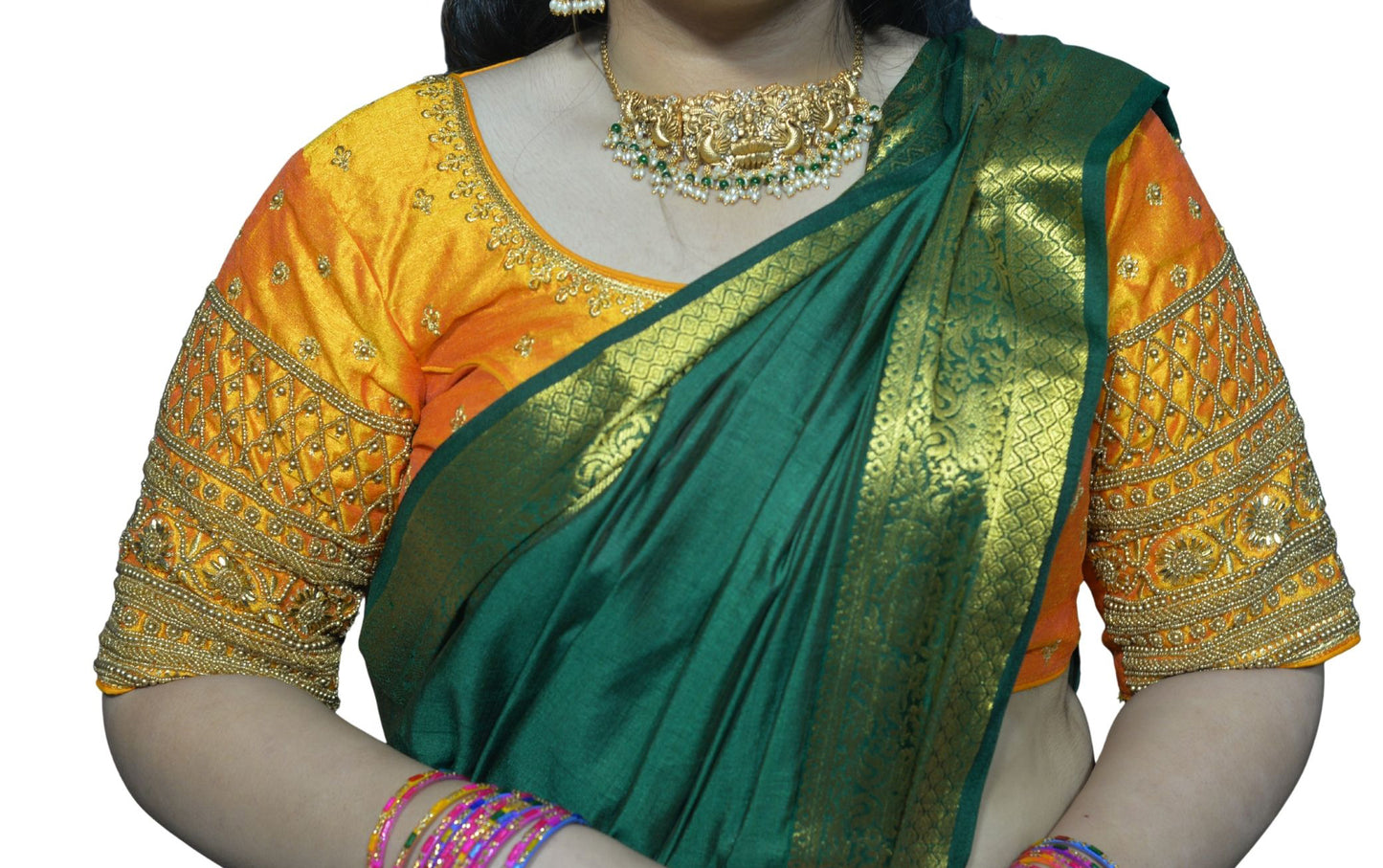 Designer Mango Blouse with Criss-Cross Floral Sleeves, Machine Front & Aari Embroidered Back"