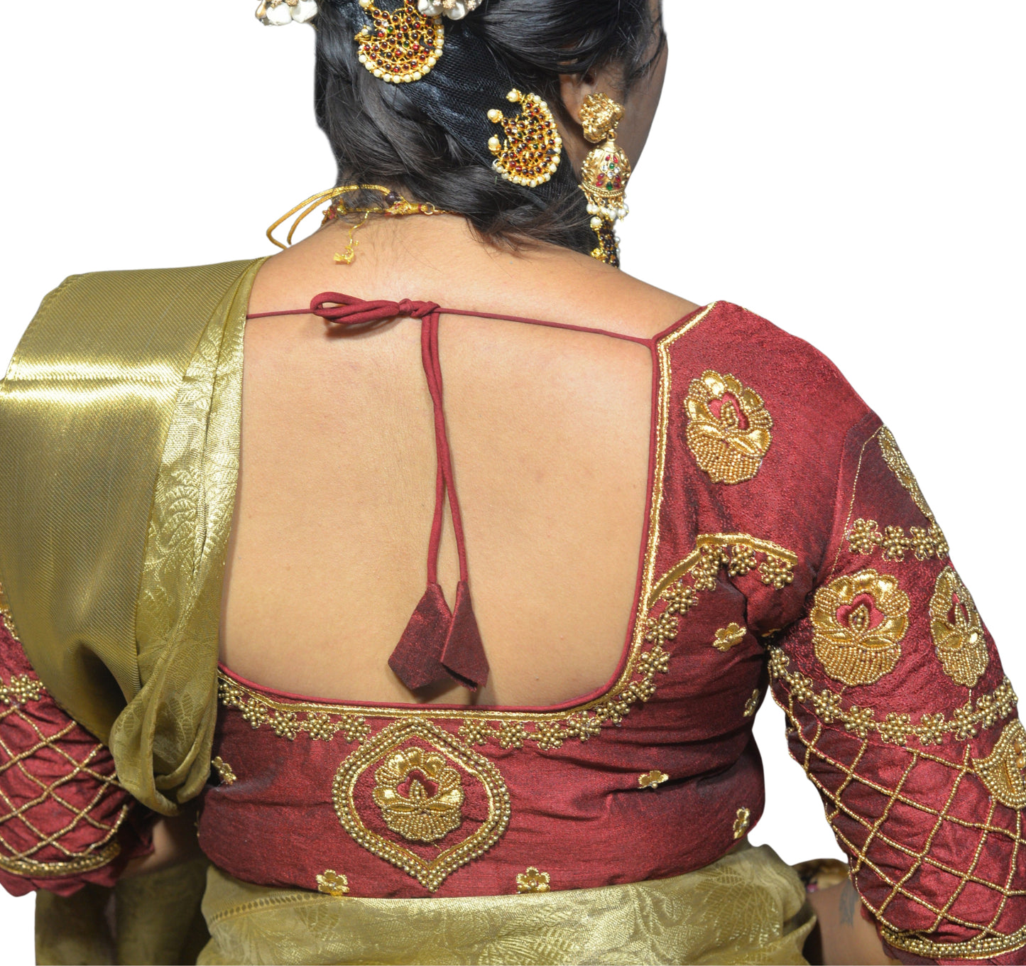 Traditional Maroon Blouse with Criss-Cross Sleeves and Lakshmi Aari Work
