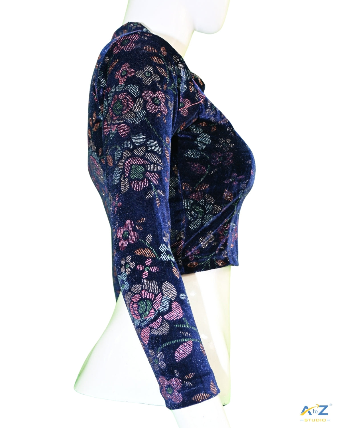 Navy Blue Velvet Blouse with Floral Prints