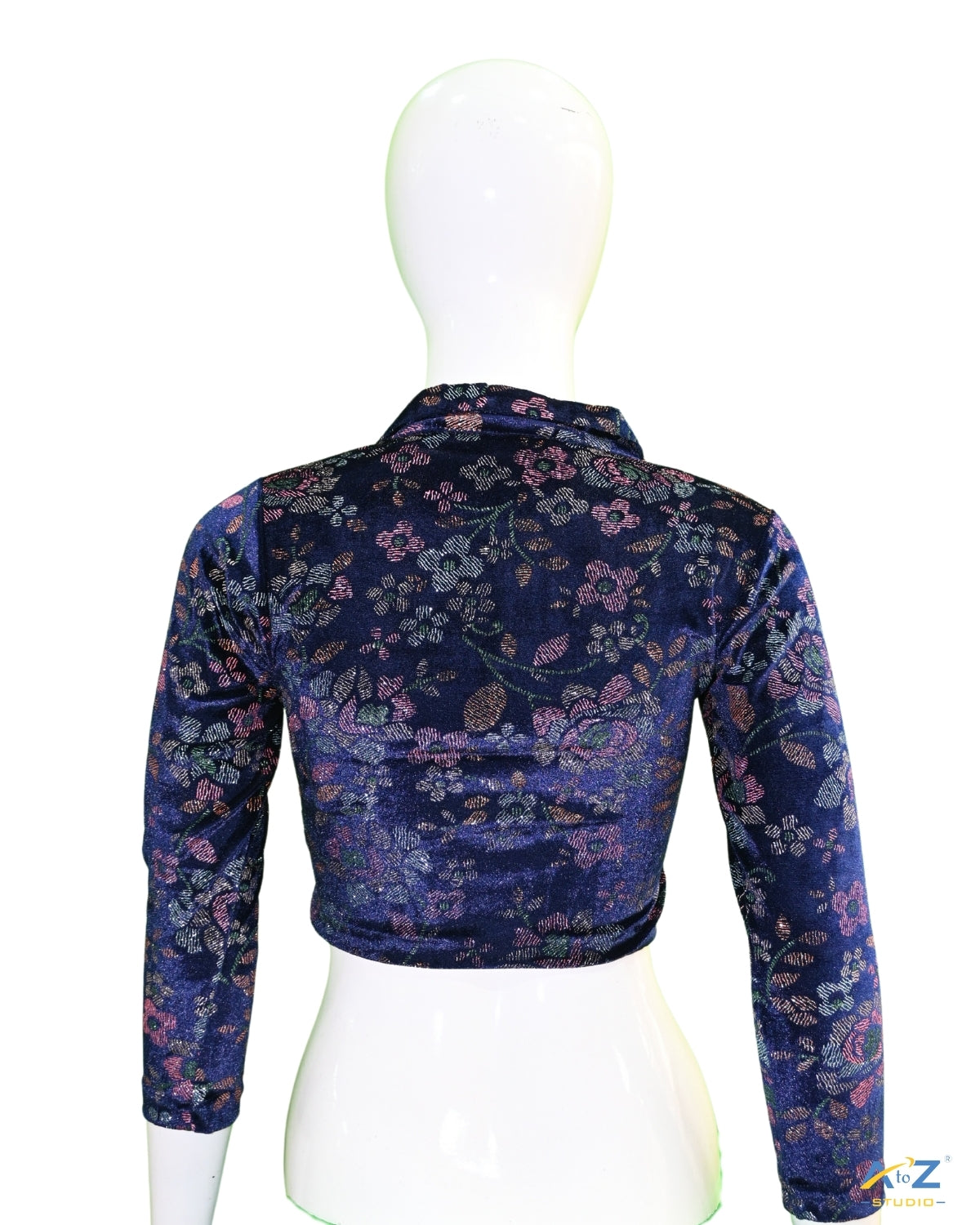 Navy Blue Velvet Blouse with Floral Prints