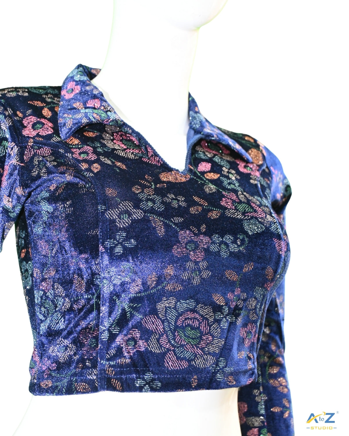Navy Blue Velvet Blouse with Floral Prints