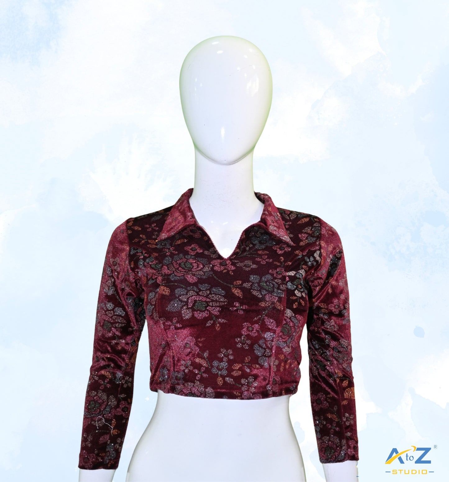 Wine Velvet Blouse with Floral Prints