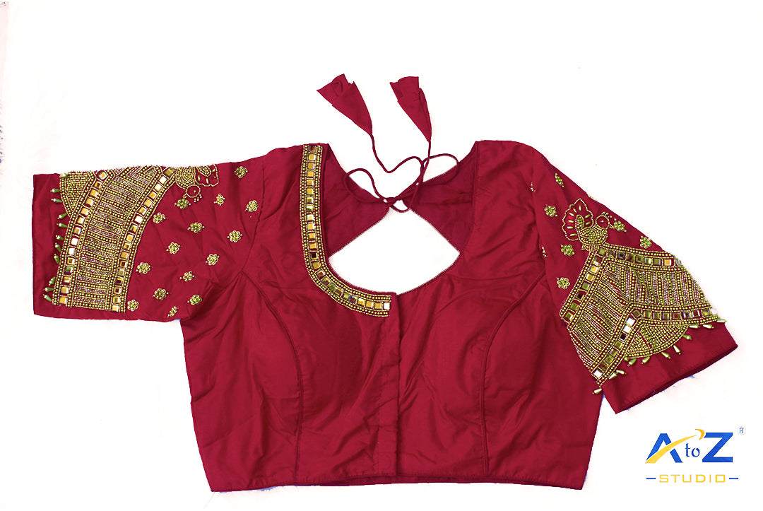 Dark Magenta Silk Cloth Blouse with Small peacock ,chain and mirror Design