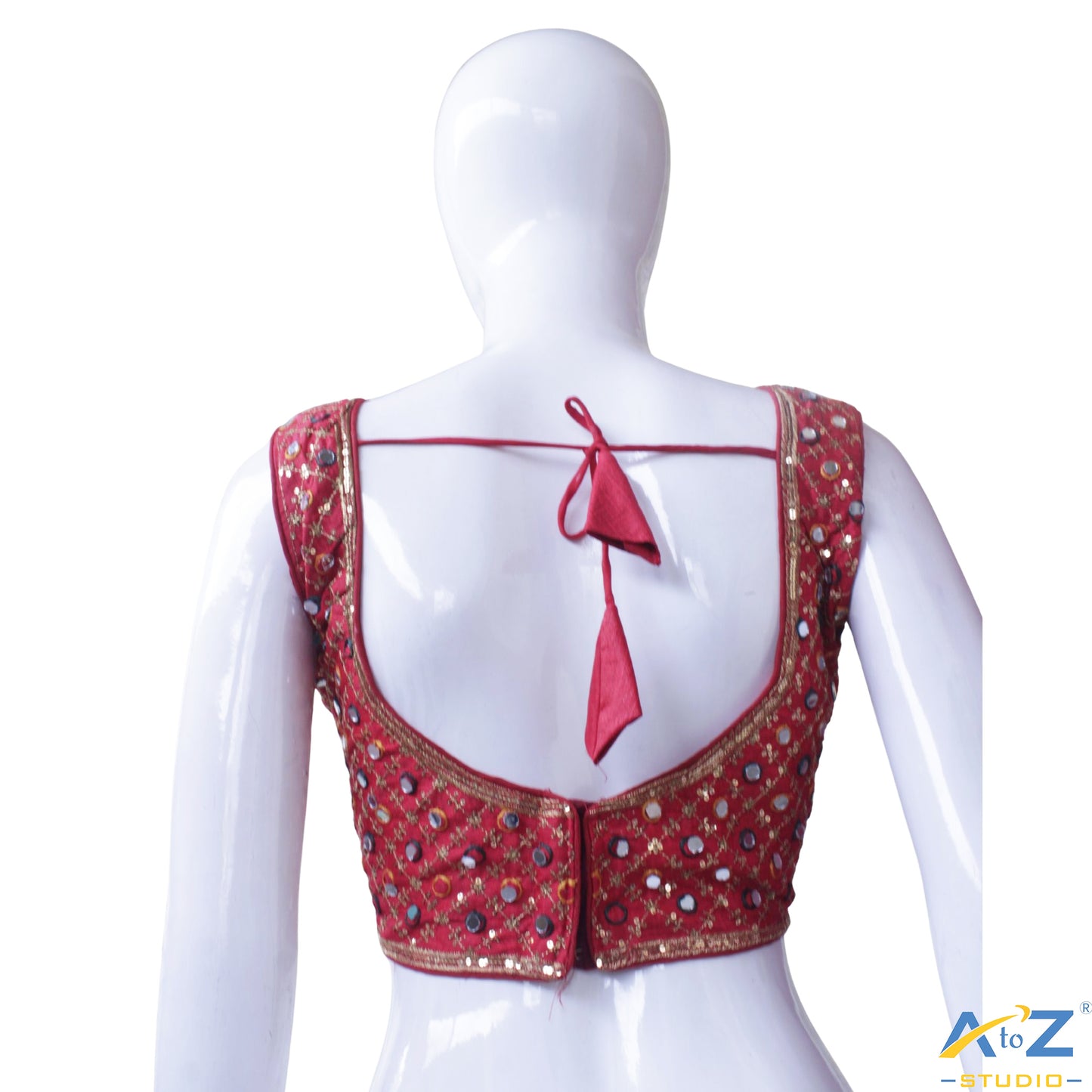 Hand-Embroidered Red blouse with sequin & Mirror work