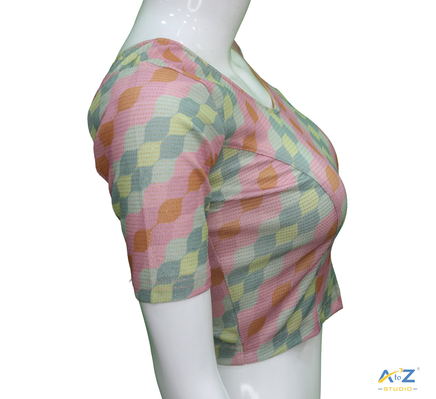 Onion Nylon Lycra Cross Check Multi Print Blouse