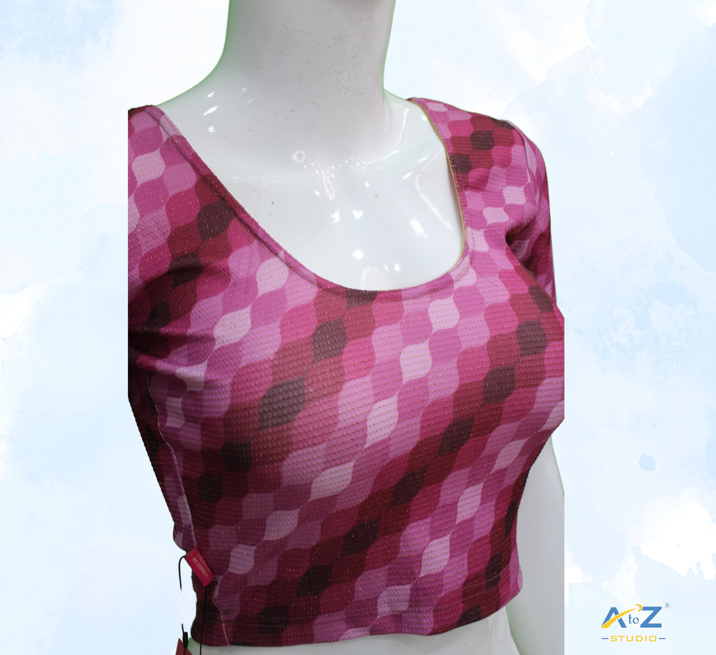 Wine Nylon Lycra Cross Check Multi Print Blouse