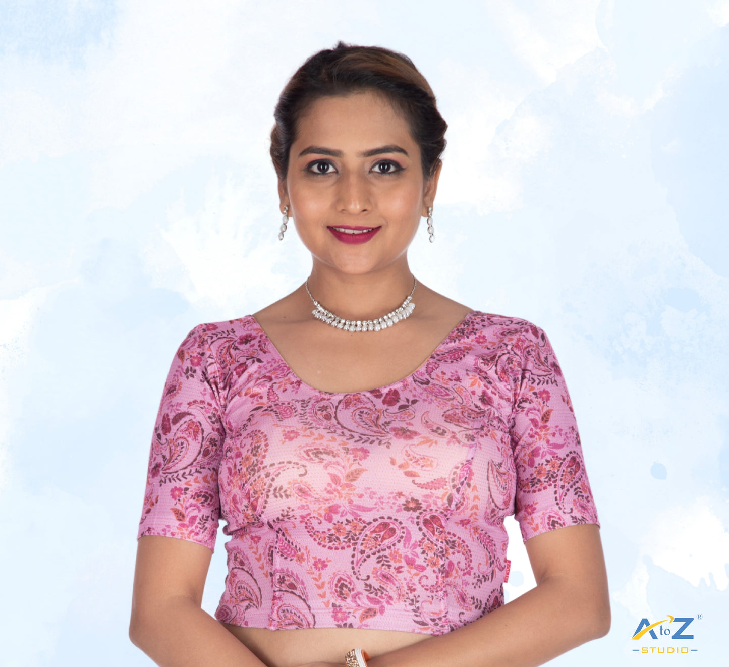 Peach Nylon Lycra Multi Print Blouse