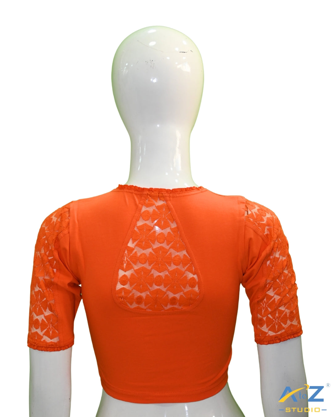 Orange Cotton Lycra Blouse with Netted Flower Design