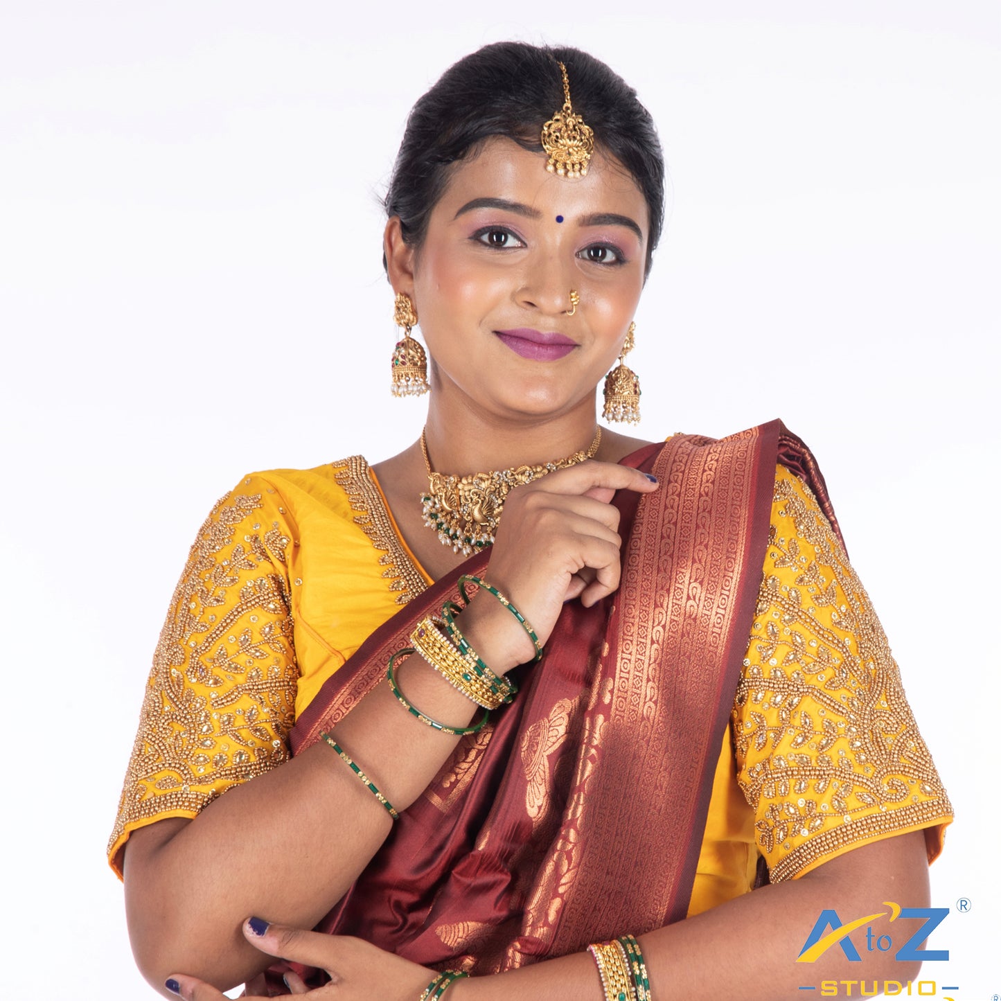 Light yellow Silk Cloth Blouse with Small leaf (like flower pot) and chain work Design