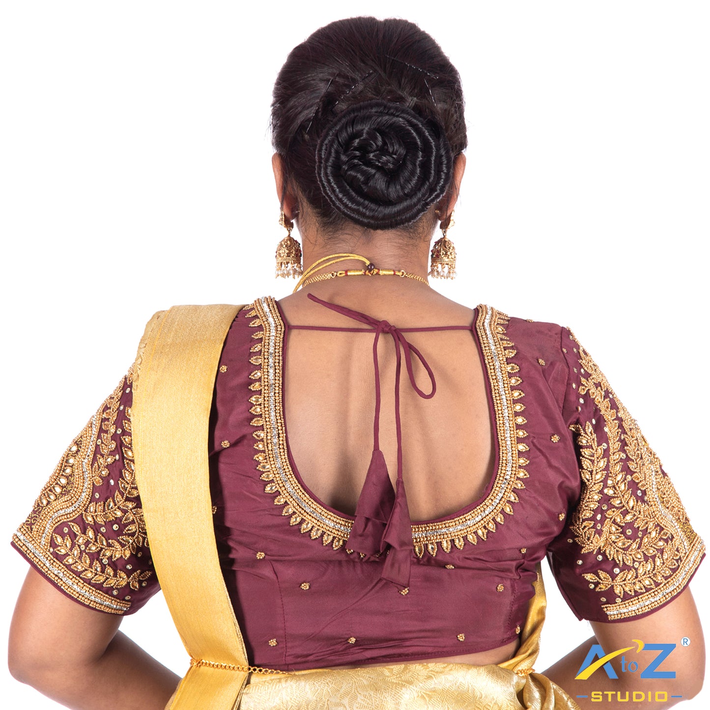 Pink Wine Tissue Cloth Blouse with Small leaf and chain work Design