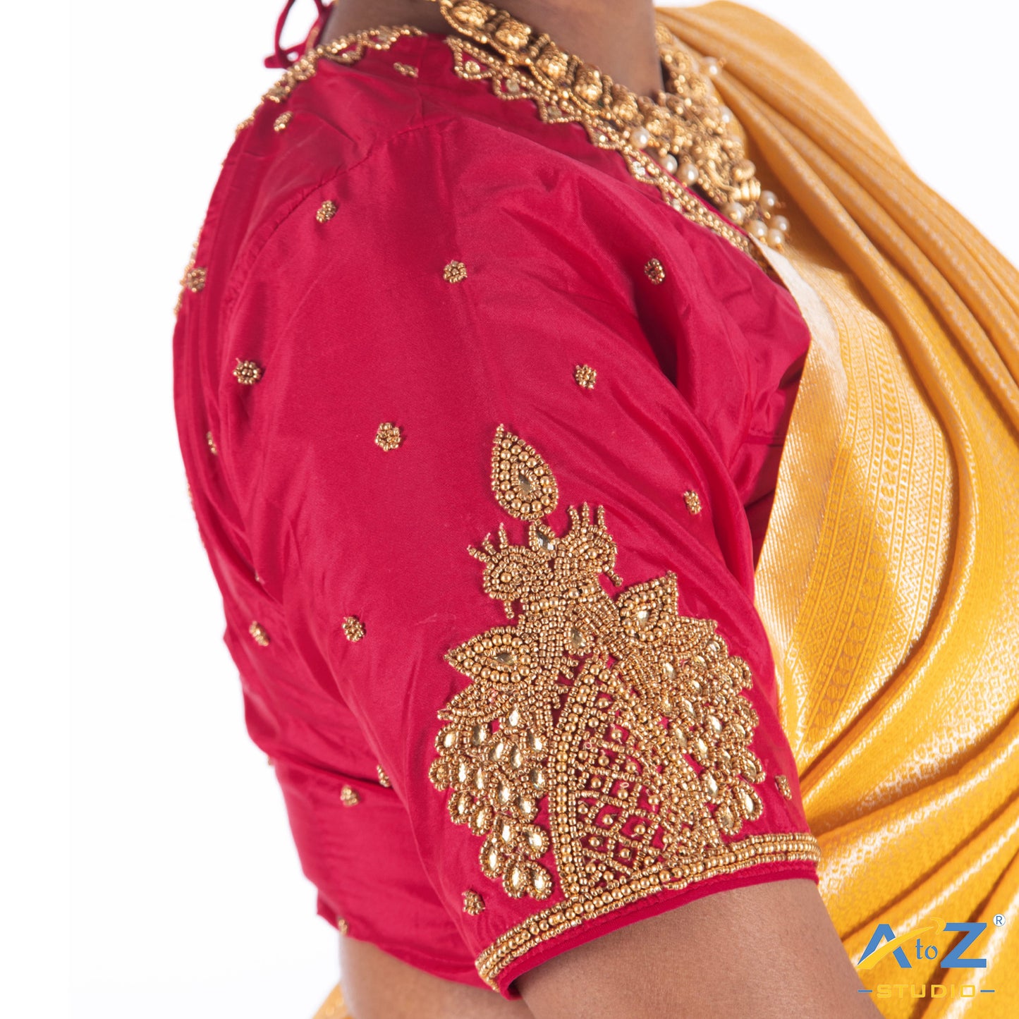 Punch Pink' Silk Cloth Blouse with chain 2 peacock Design