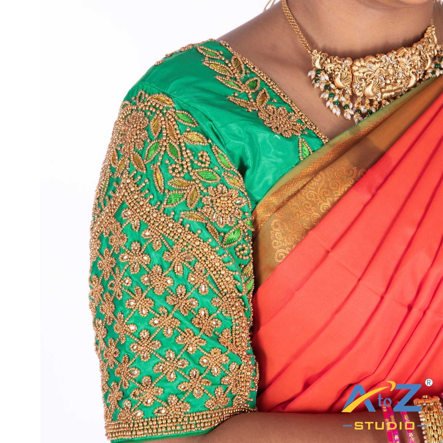Spring Green Silk Cloth Blouse with Leaf and flower Design