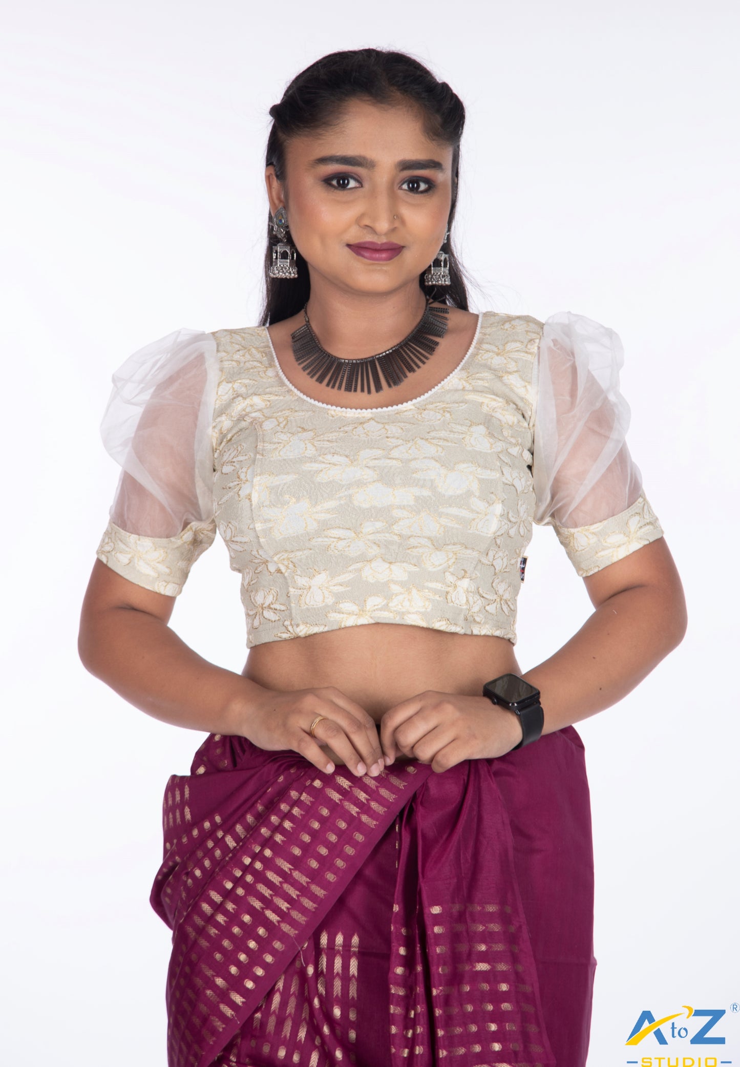 Cream Cotton Lycra Lotus Print Blouse
