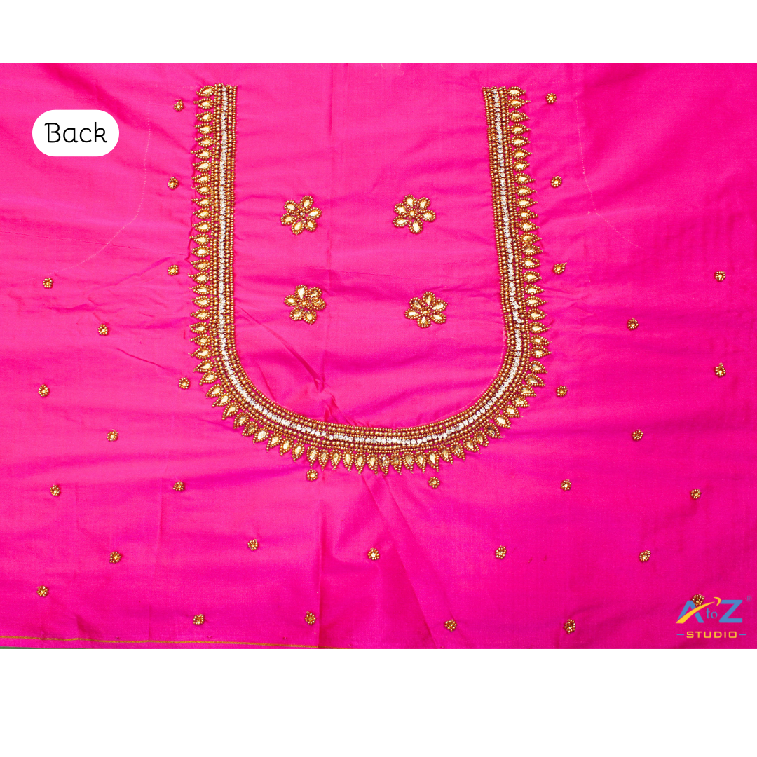 V Pink Silk Blouse Piece With Aari Work