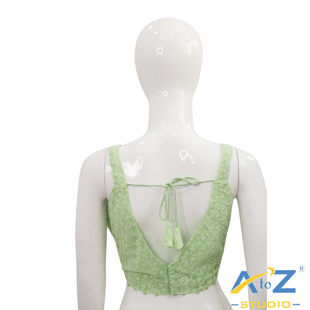 Pista Green Embroidered Cotton Blouse with Front Button Detail