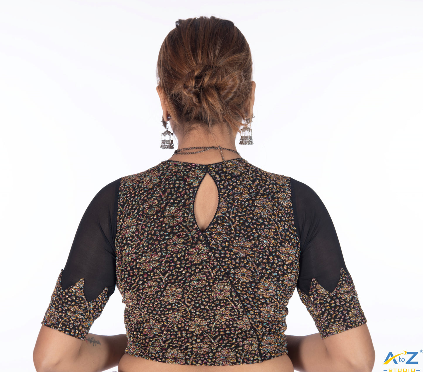 Black Tissue Lycra Blouse with Multi-Color Jeri Design