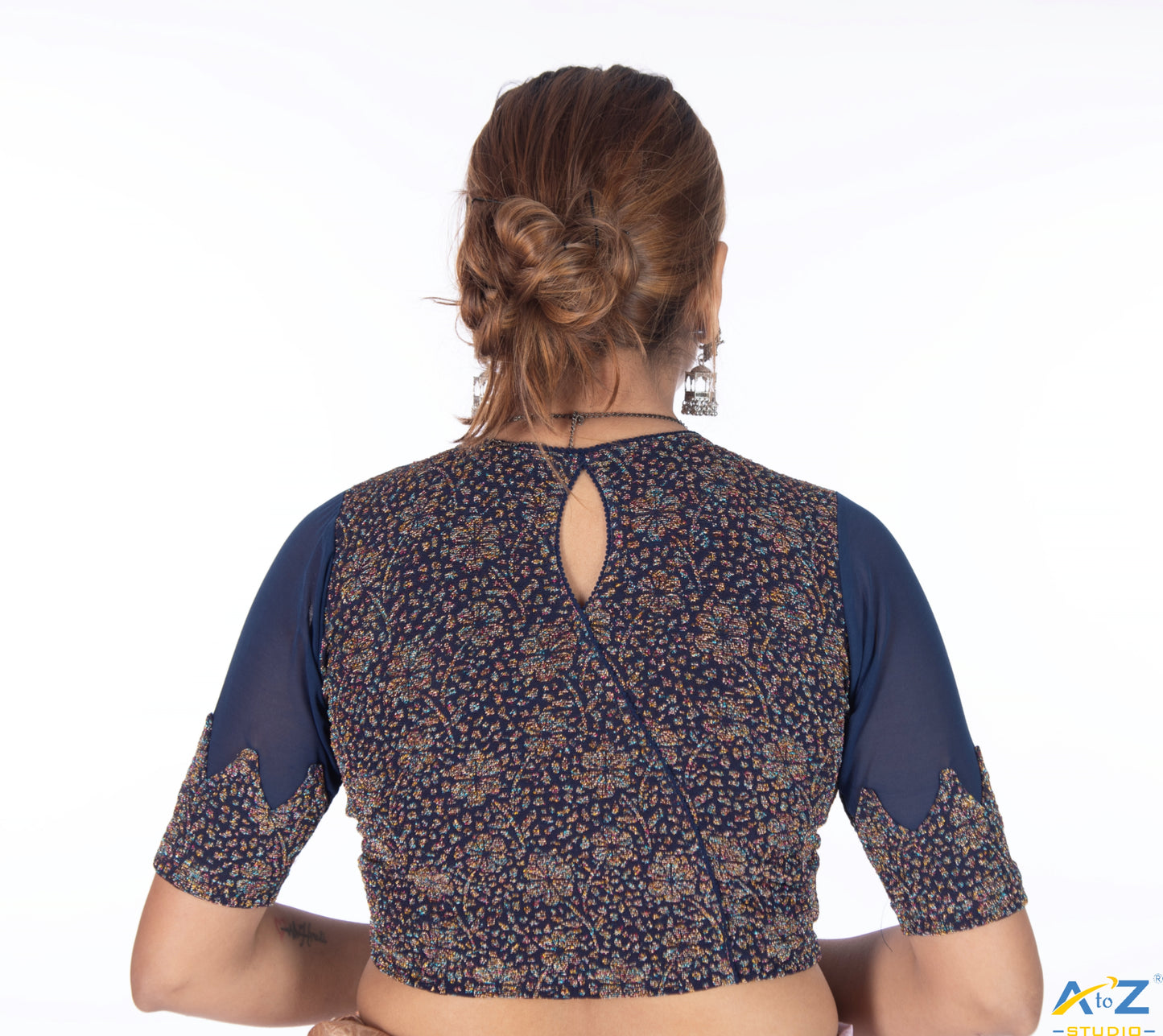 Navy Blue Tissue Lycra Blouse with Multi-Color Jeri Design