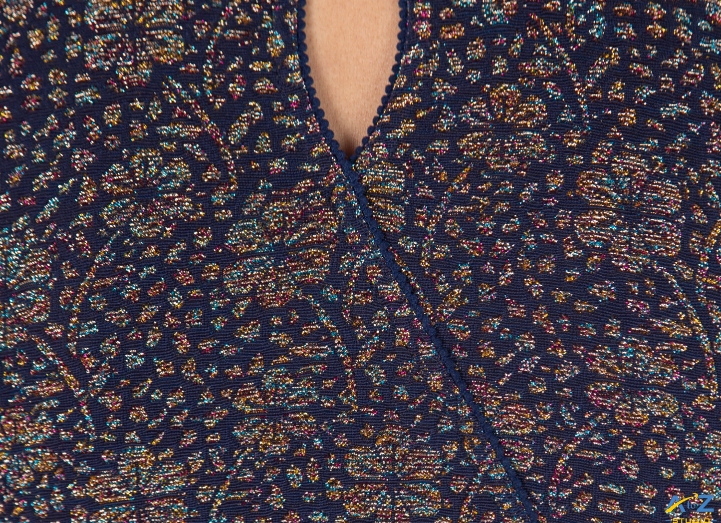 Navy Blue Tissue Lycra Blouse with Multi-Color Jeri Design