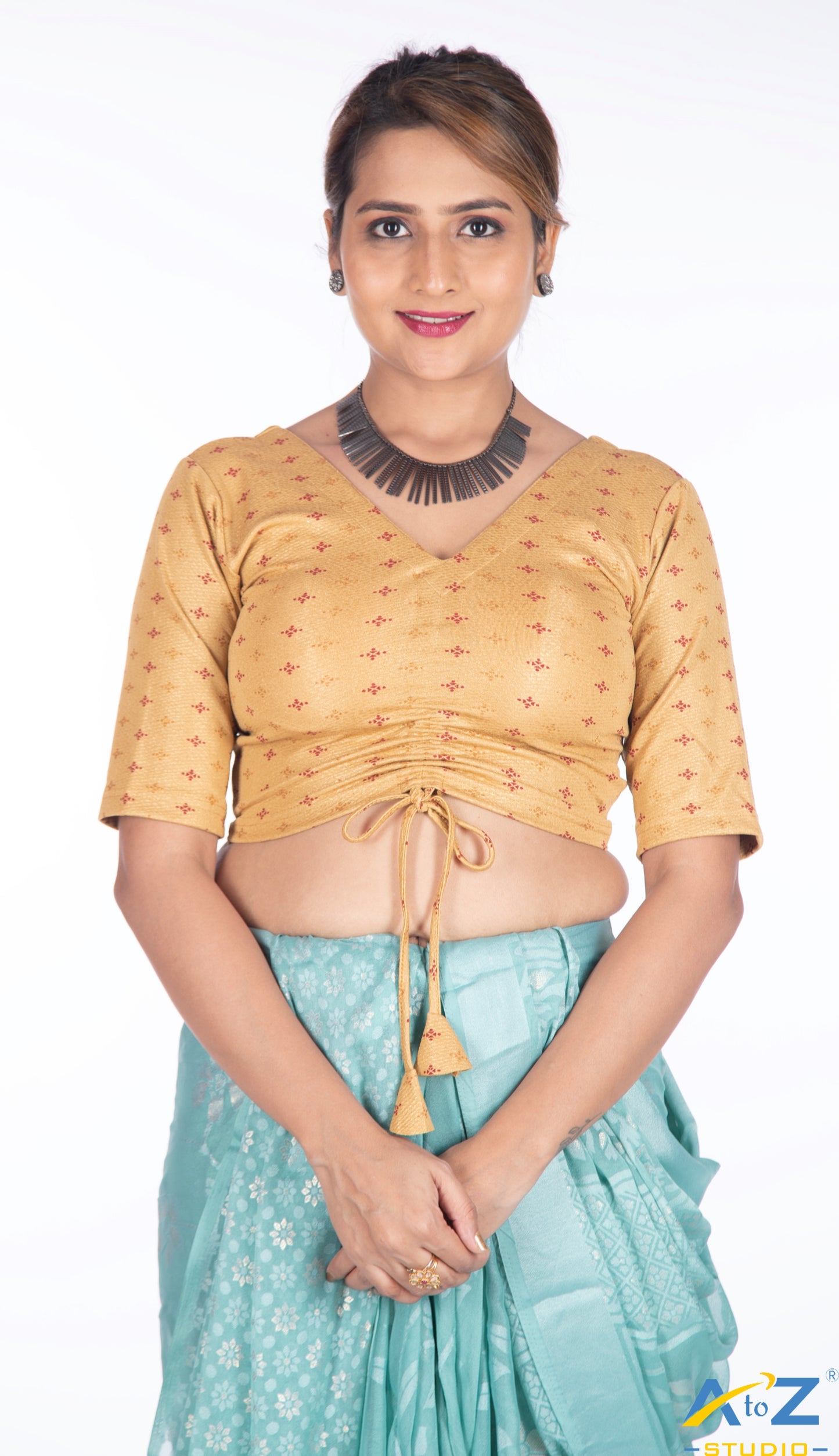 Dark Chiku Crush Fabric Blouse with Foil Print