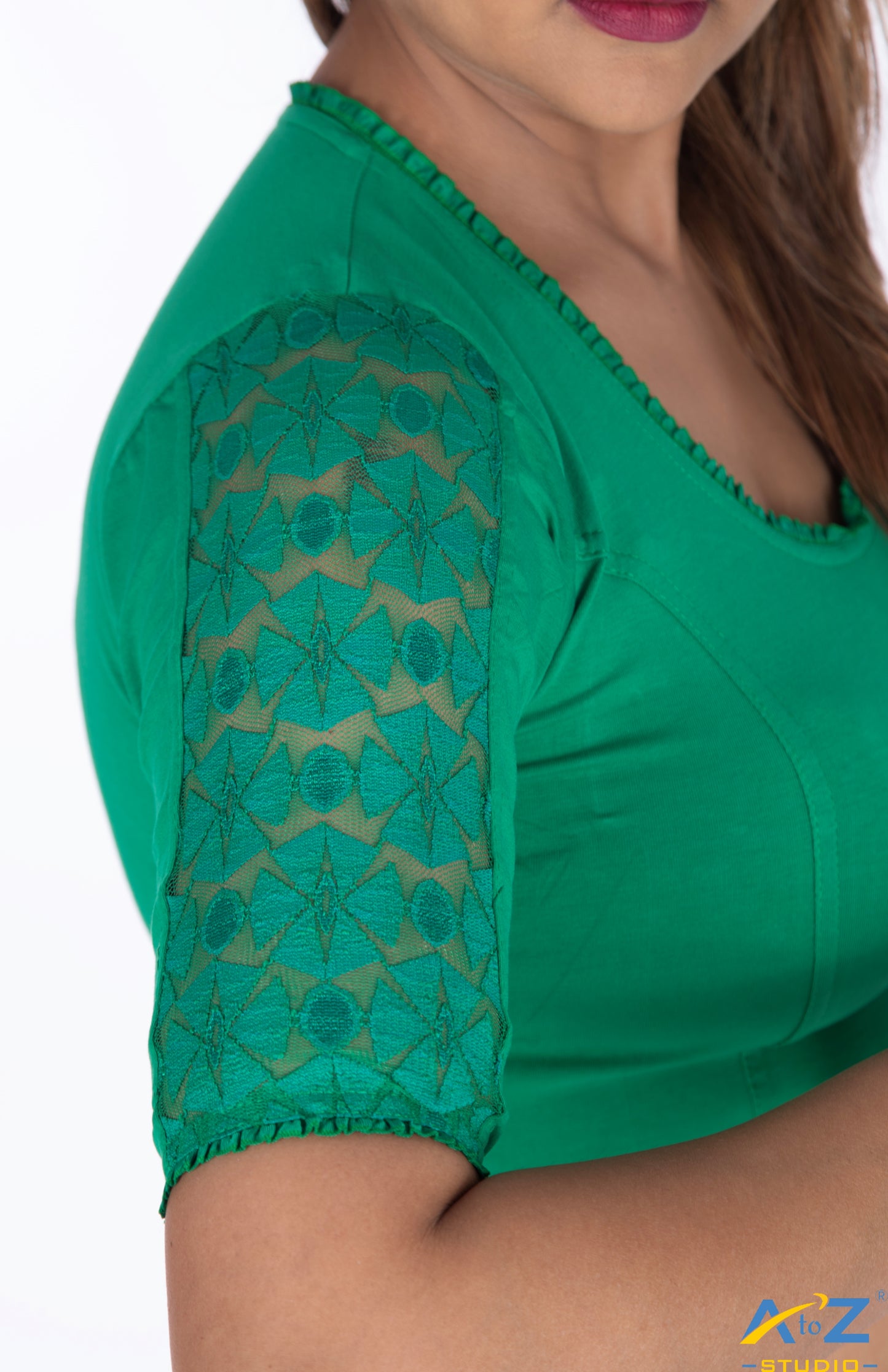 Peacock Green Cotton Lycra Blouse with Netted Flower Design