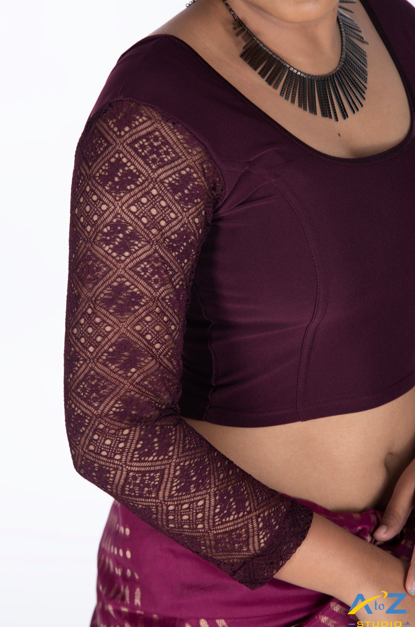 Wine Polyester Lycra Net Sleeve Flower Design