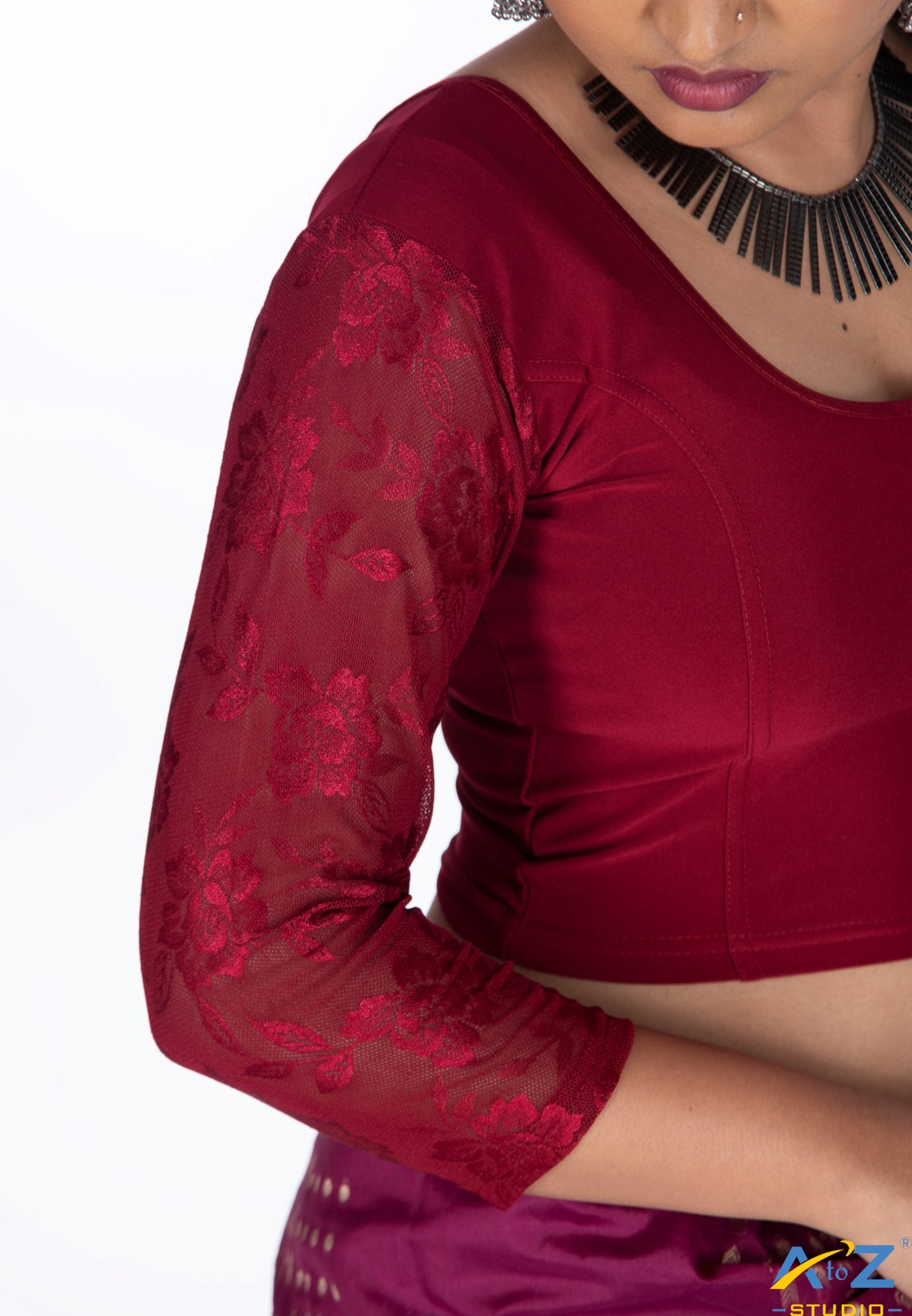Maroon Polyester Lycra Net Sleeve Flower Design