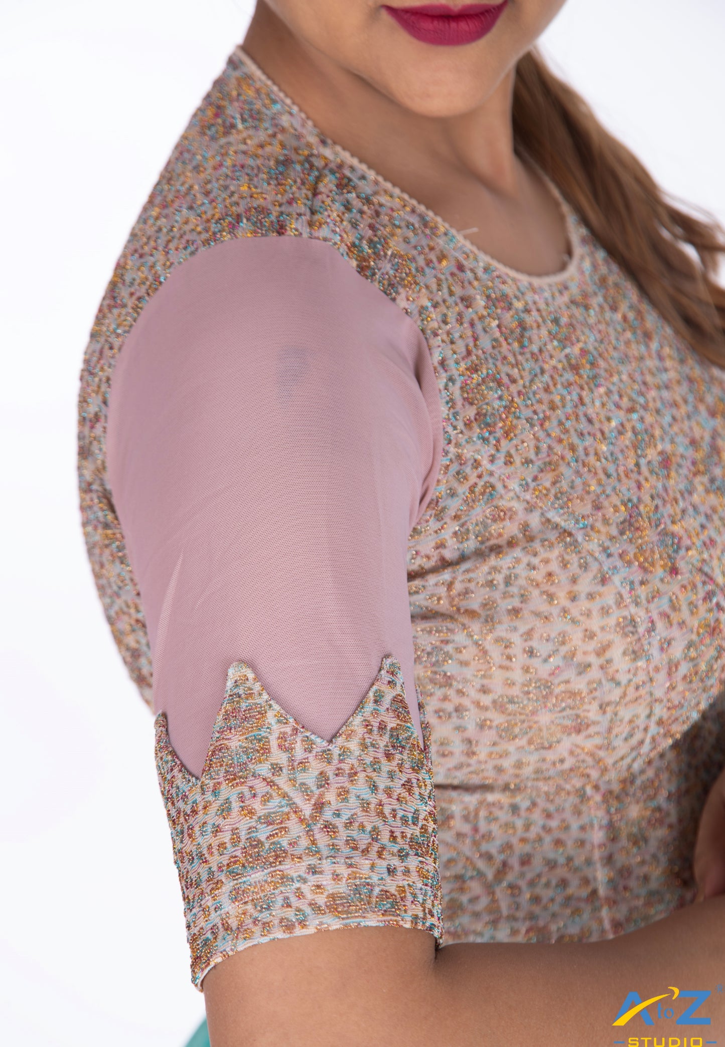Cream Tissue Lycra Blouse with Multi-Color Jeri Design