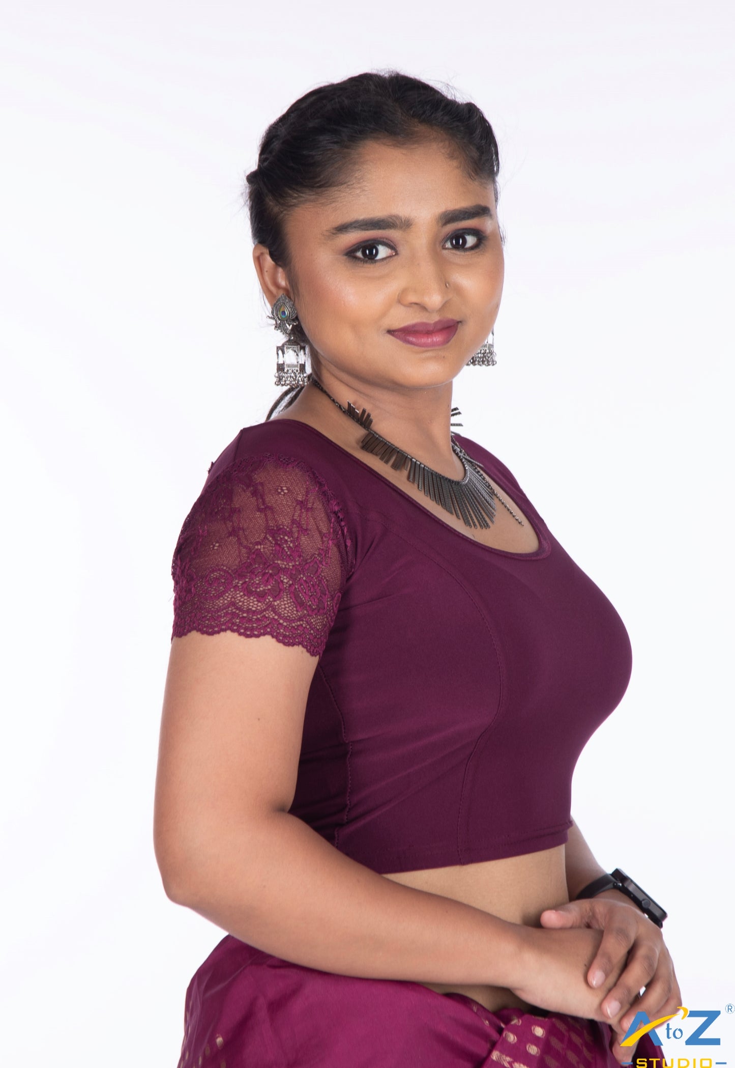 Wine Polyester Lycra Net Short Sleeves