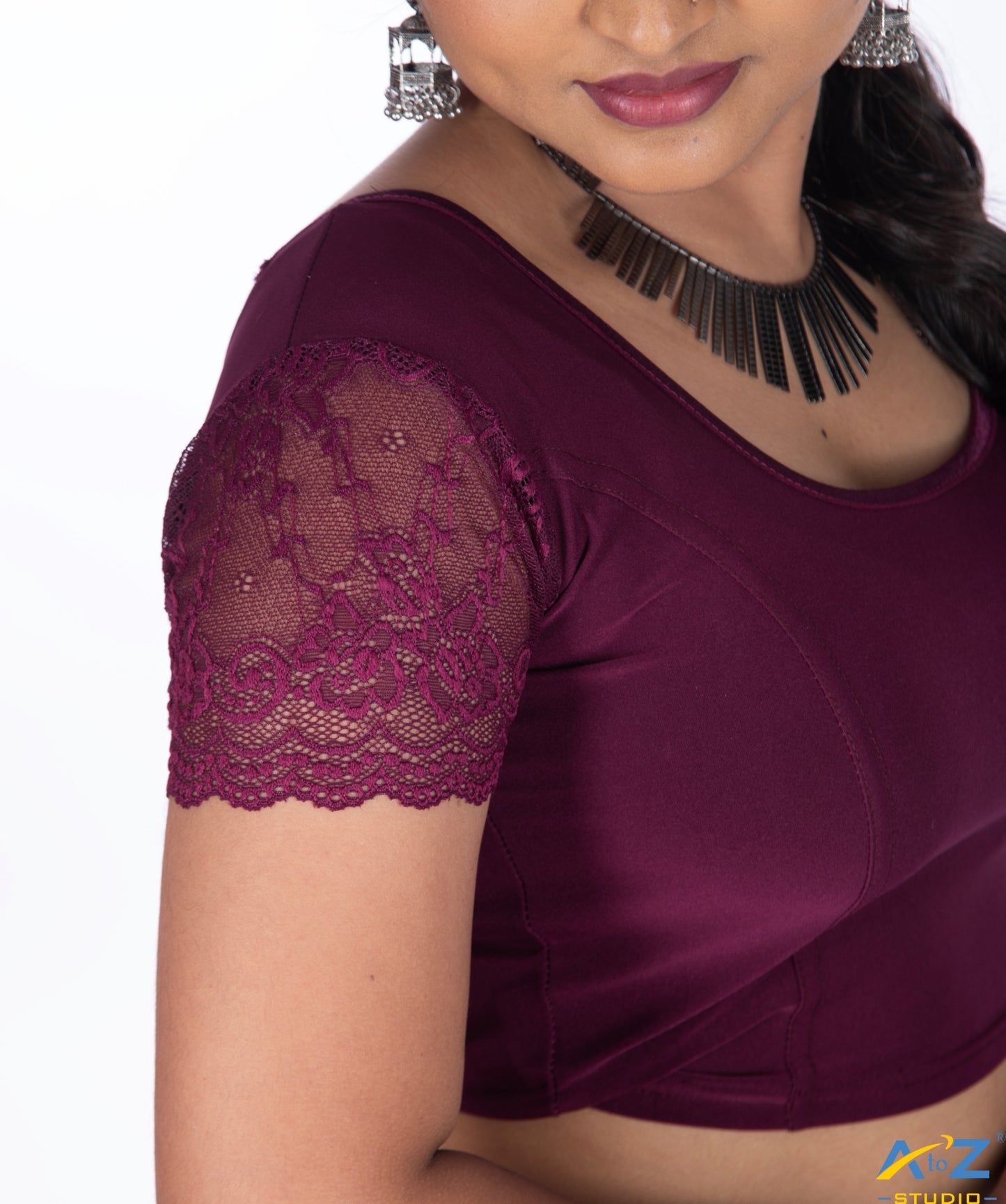 Wine Polyester Lycra Net Short Sleeves