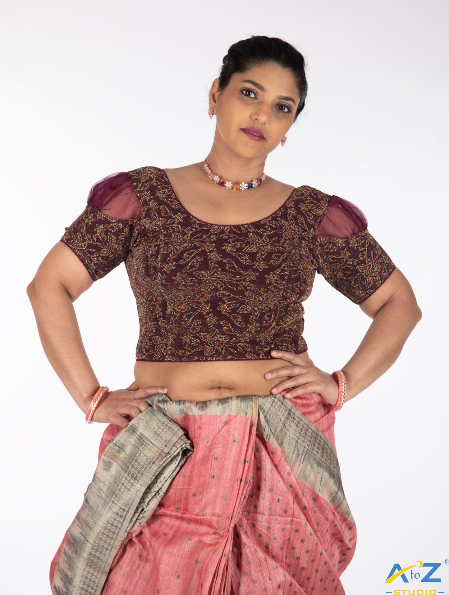 Wine Metallic Lycra Metallic Jacquard Blouse