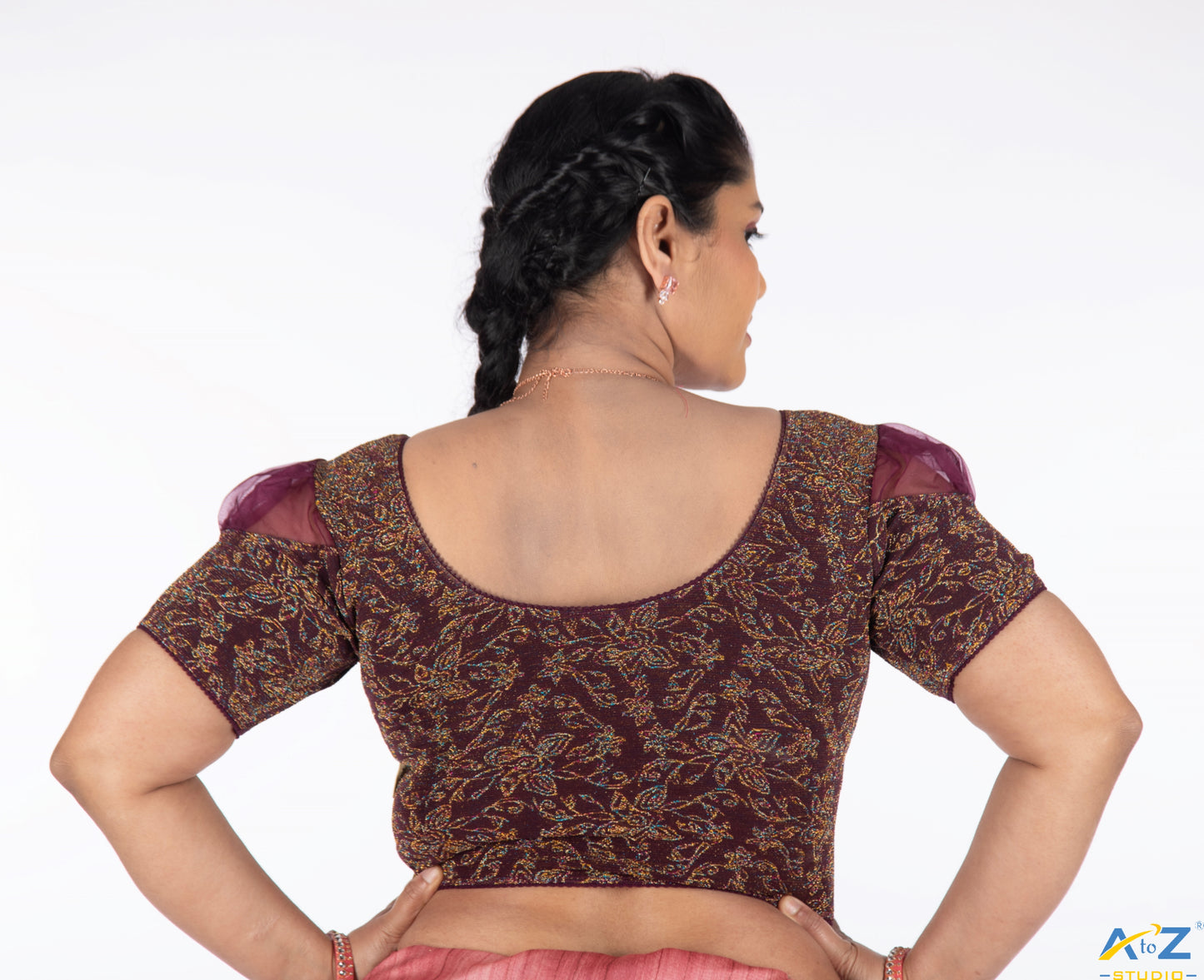 Wine Metallic Lycra Metallic Jacquard Blouse