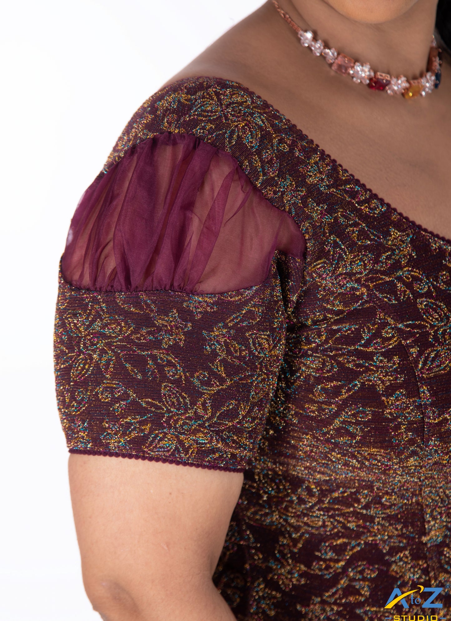 Wine Metallic Lycra Metallic Jacquard Blouse