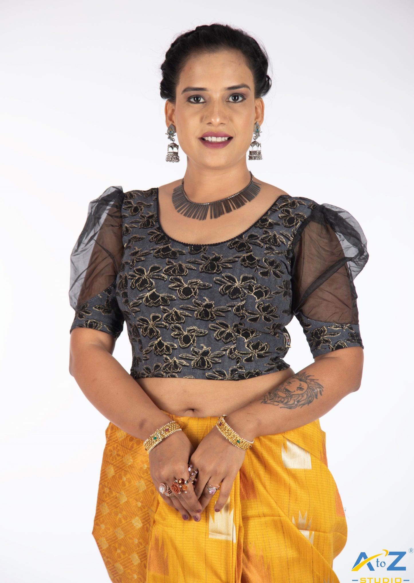 Black Cotton Lycra Lotus Print Blouse