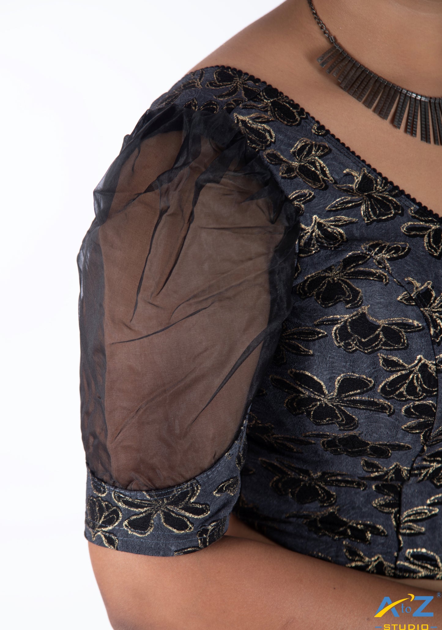 Black Cotton Lycra Lotus Print Blouse
