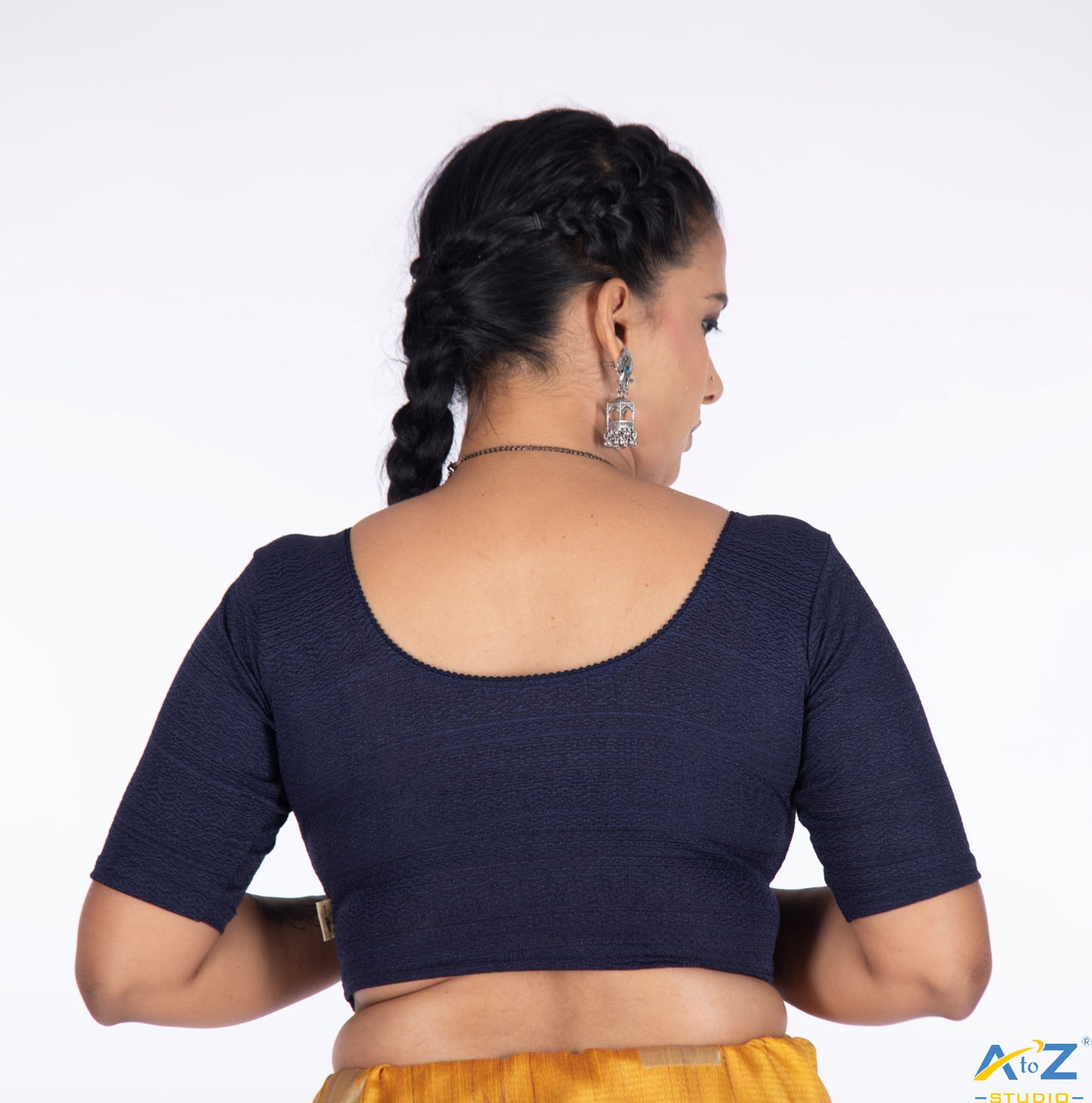 Navy Blue Cotton Lycra Round Neck Blouse