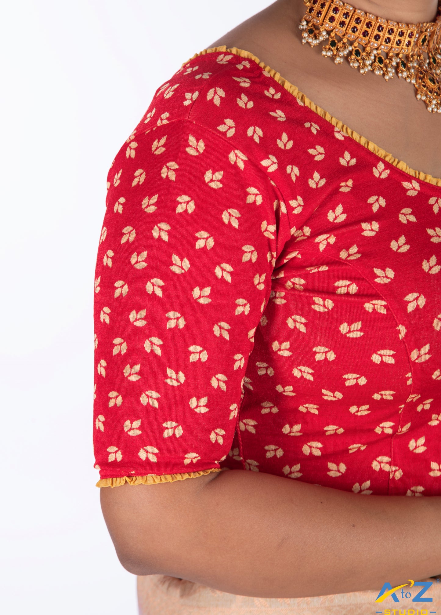 Red Nylon Lycra Leaf Design Elbow Sleeve Blouse