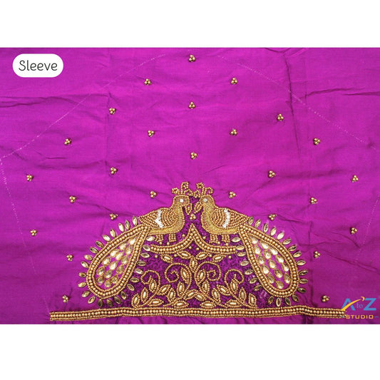 Purple Maggam Work Blouse Sleeve with Twin Peacock Design – Latest Bridal Blouse Embroidery 2025