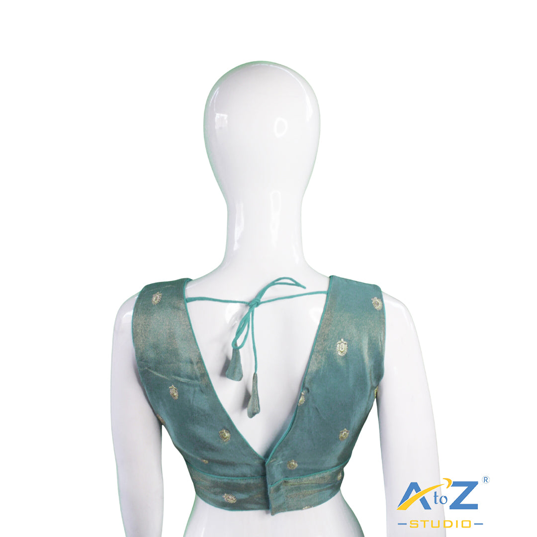 Dark Aqua V-Neck Brocade Blouse
