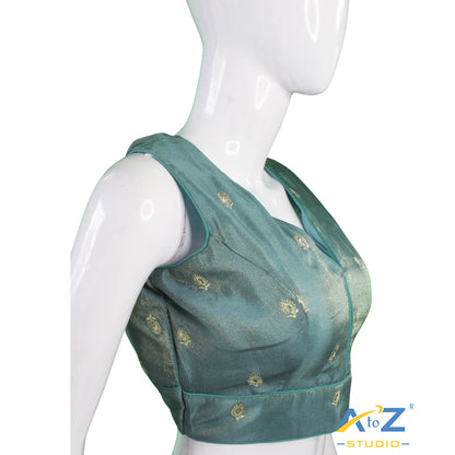 Dark Aqua V-Neck Brocade Blouse