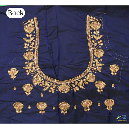 Navy Blue Silk Blouse Piece With Aari Work
