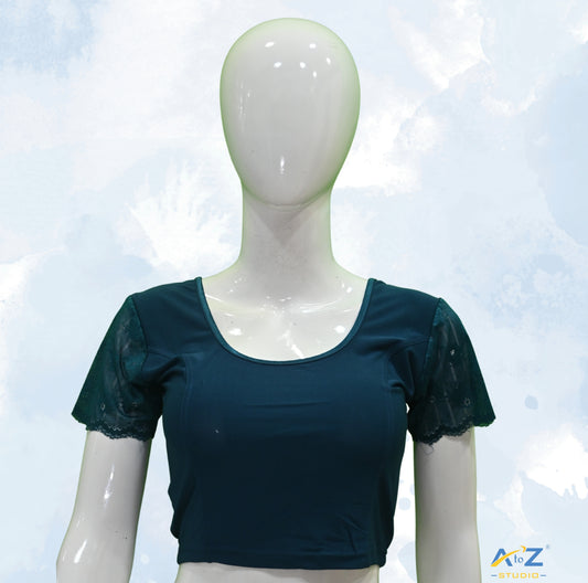 Peacock Blue Polyester Lycra Net Short Sleeves