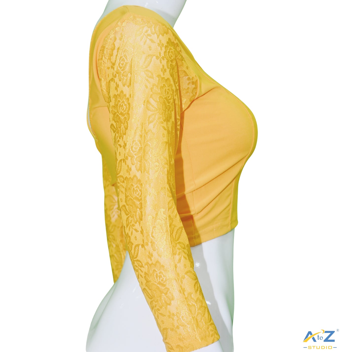 Yellow Polyester Lycra Net Sleeve Flower Design